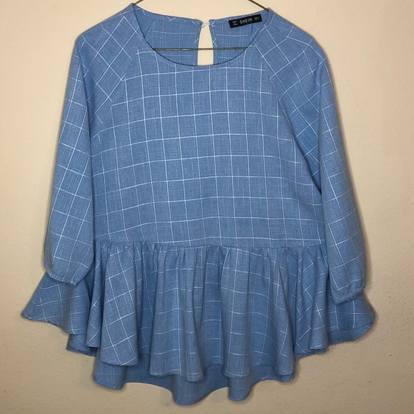 DONATED Shein Powder Blue & White Plaid High Low Peplum Blouse - Picture 5 of 16